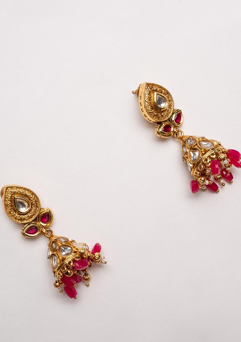 Gold Plated Artificial Stones Studded And Beaded Contemporary Shaped Jhumkas