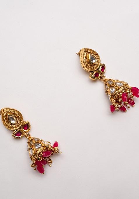 Gold Plated Artificial Stones Studded And Beaded Contemporary Shaped Jhumkas