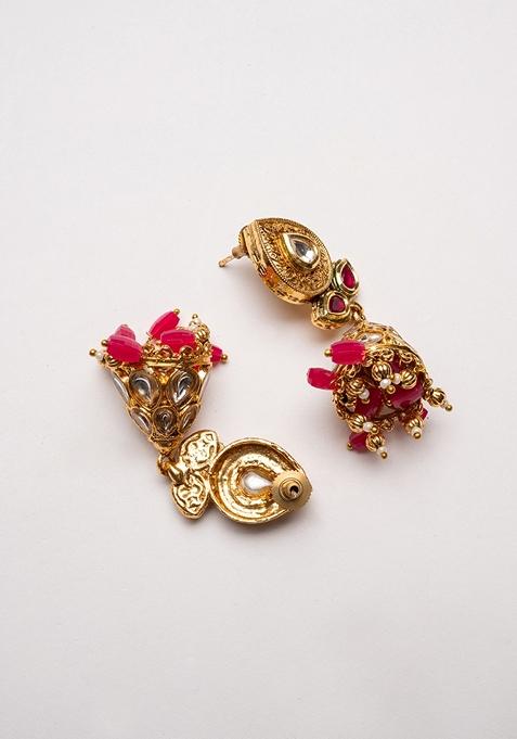 Gold Plated Artificial Stones Studded And Beaded Contemporary Shaped Jhumkas