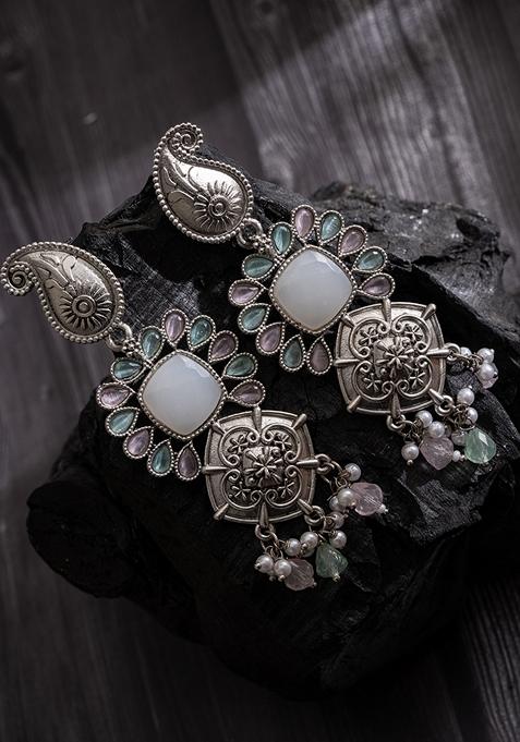 Silver Plated Stones Studded And Beaded Contemporary Shaped Oxidised Drop Earrings