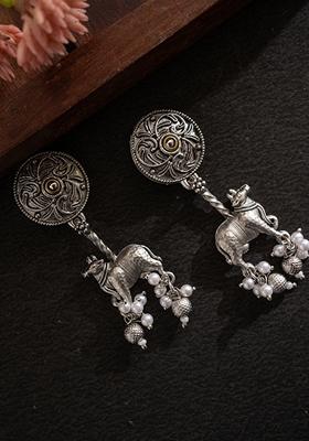 Silver Plated Artifical Beaded Animal Shaped Oxidised Drop Earrings