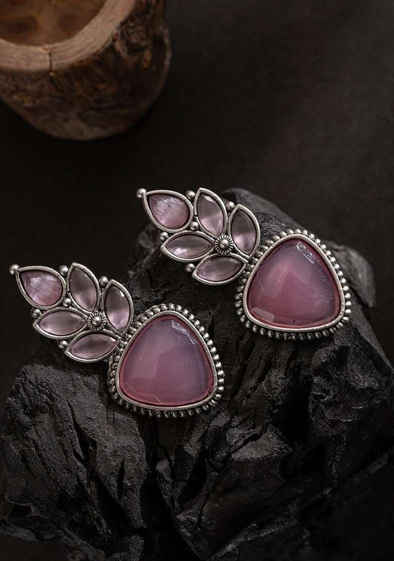 Silver Plated Artifical Stones Studded Geometric Shaped Oxidised Drop Earrings - Indya