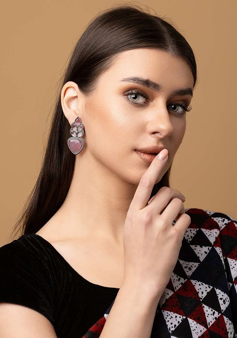 Silver Plated Artifical Stones Studded Geometric Shaped Oxidised Drop Earrings - Indya