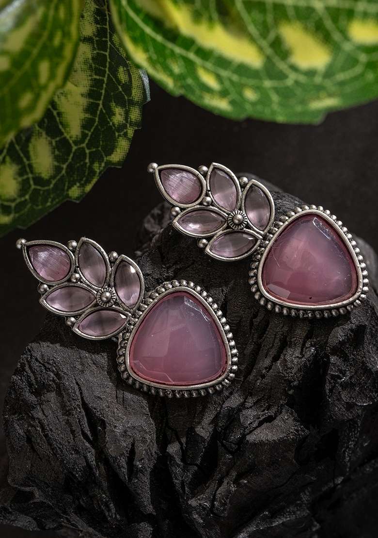 Silver Plated Artifical Stones Studded Geometric Shaped Oxidised Drop Earrings - Indya