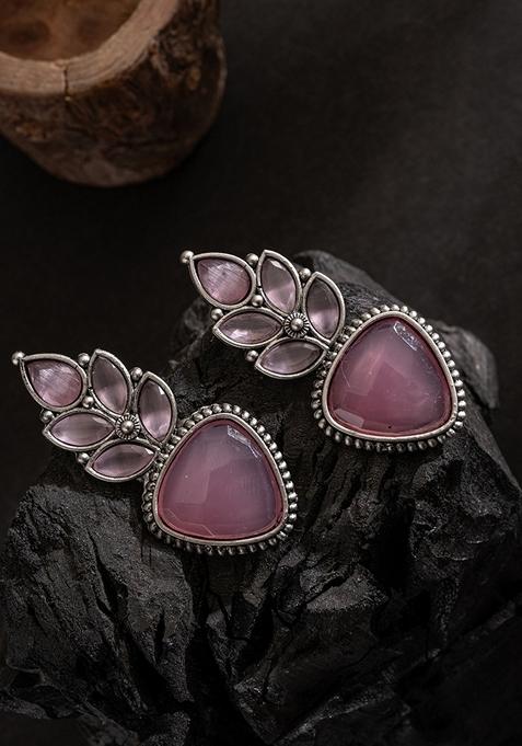 Silver Plated Artifical Stones Studded Geometric Shaped Oxidised Drop Earrings