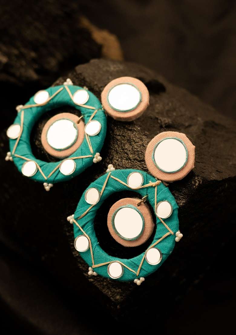Silver Plated Artificial Beaded and Mirror Circular Drop Earrings - Indya