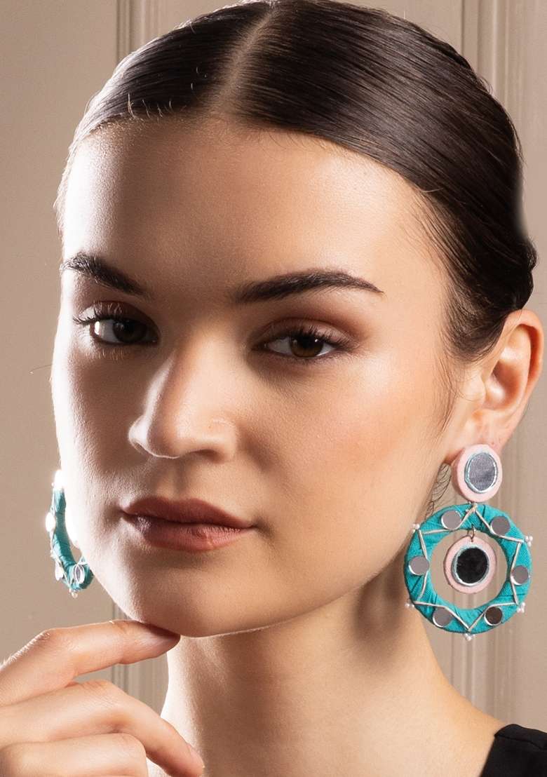 Silver Plated Artificial Beaded and Mirror Circular Drop Earrings - Indya