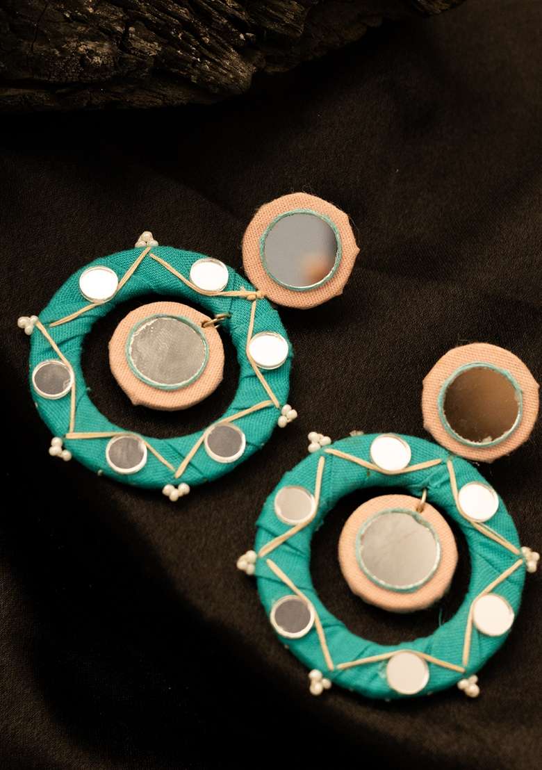 Silver Plated Artificial Beaded and Mirror Circular Drop Earrings - Indya