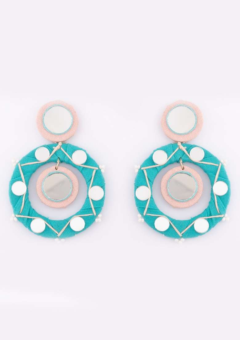 Silver Plated Artificial Beaded and Mirror Circular Drop Earrings - Indya