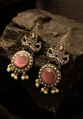 Silver Plated Stones Studded And Beaded Geometric Shaped Drop Earrings