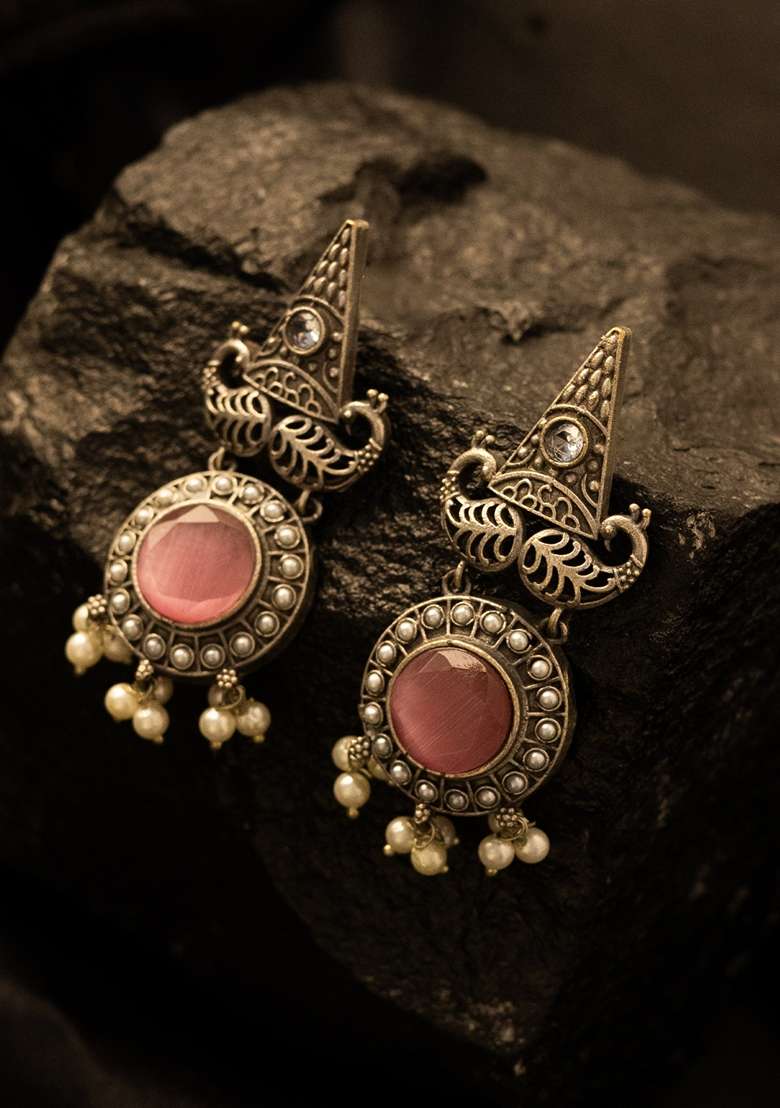 Silver Plated Stones Studded And Beaded Geometric Shaped Drop Earrings - Indya