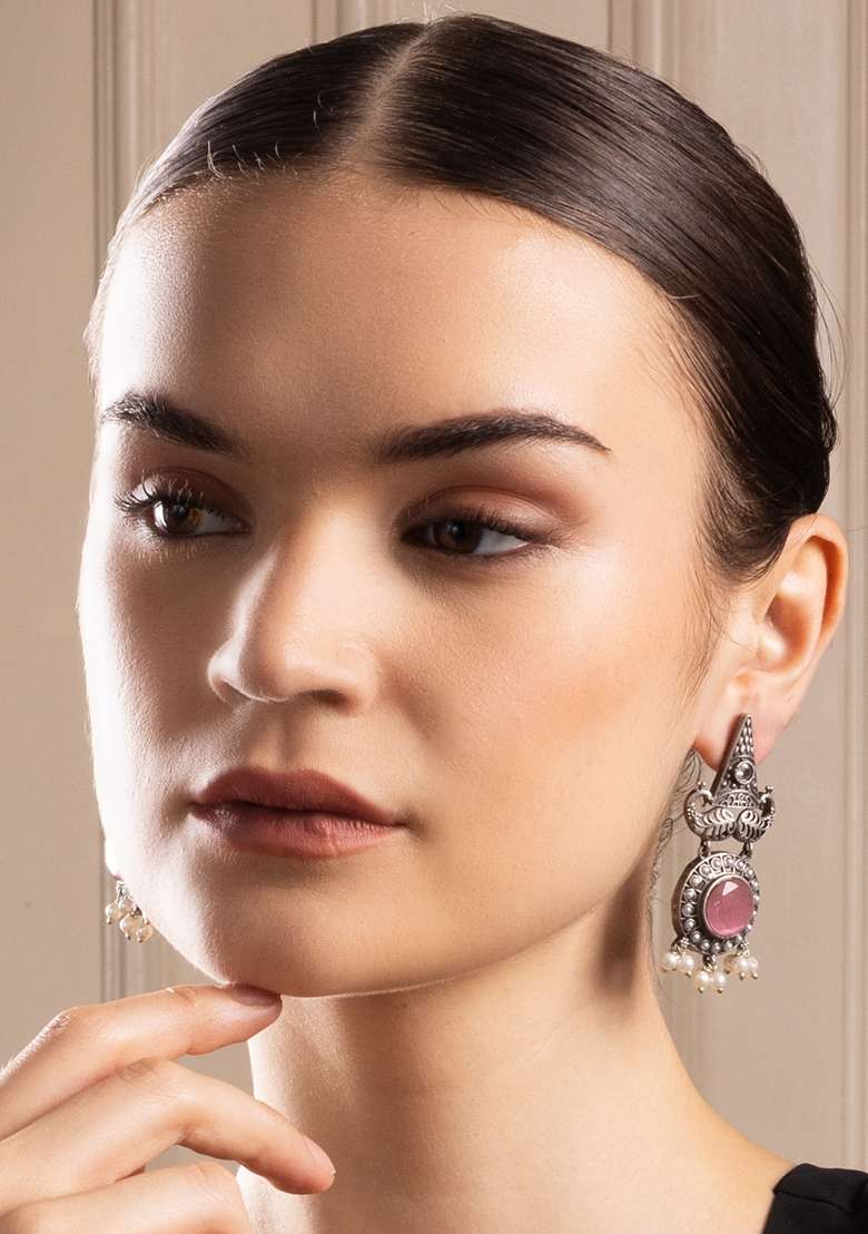 Silver Plated Stones Studded And Beaded Geometric Shaped Drop Earrings - Indya