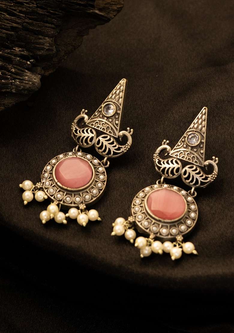 Silver Plated Stones Studded And Beaded Geometric Shaped Drop Earrings - Indya