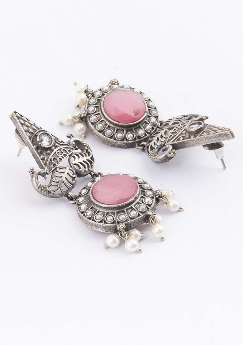 Silver Plated Stones Studded And Beaded Geometric Shaped Drop Earrings - Indya