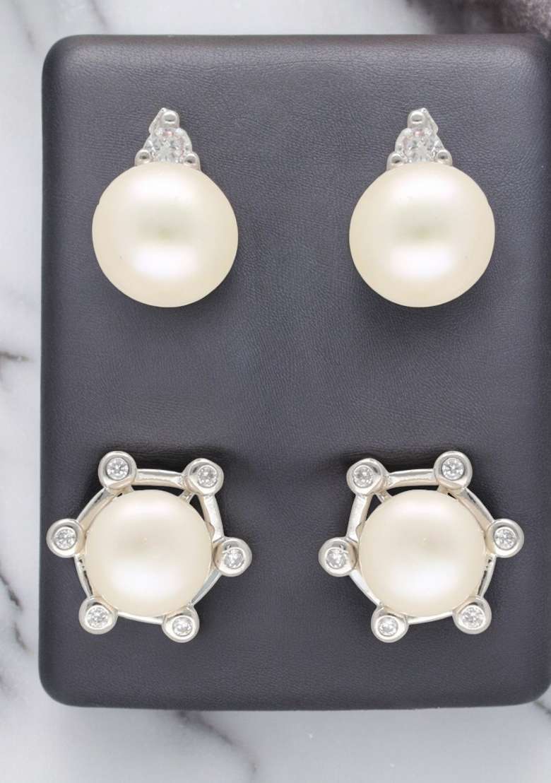 White Gold Plated Alloy Pearl Earrings - Indya