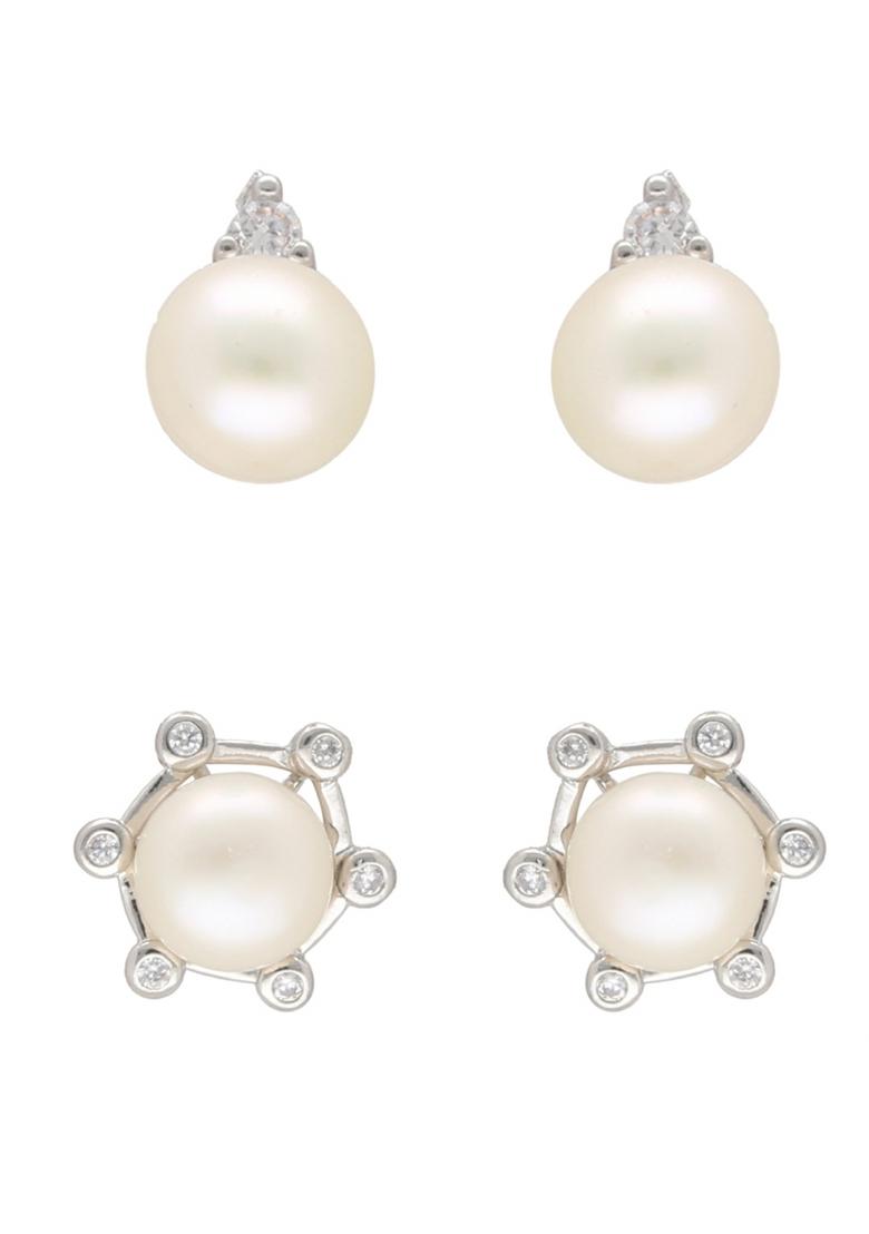 White Gold Plated Alloy Pearl Earrings - Indya