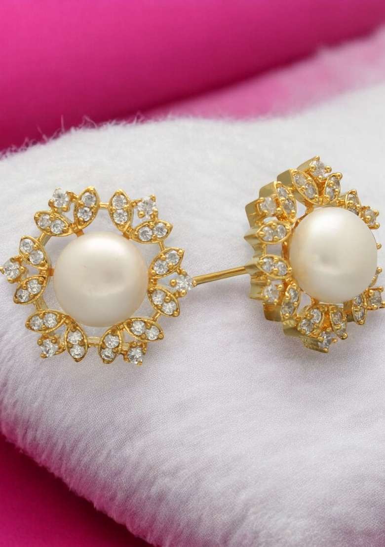 White Gold Plated Alloy Pearl Earrings - Indya