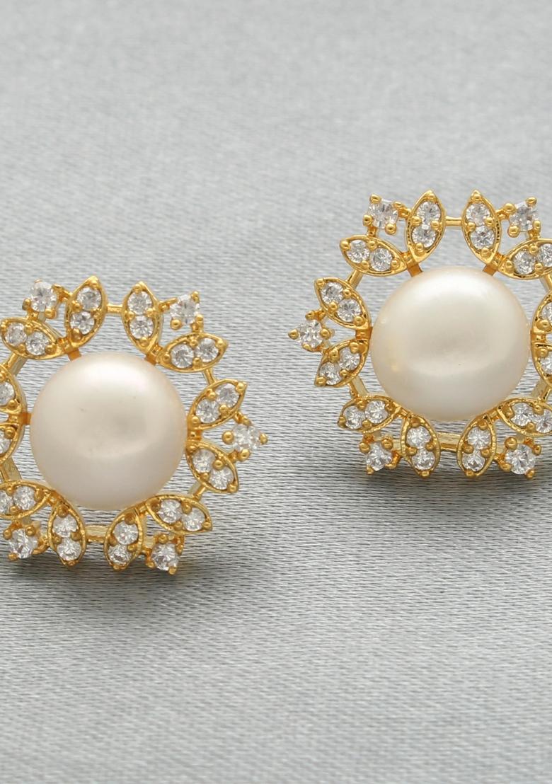 White Gold Plated Alloy Pearl Earrings - Indya