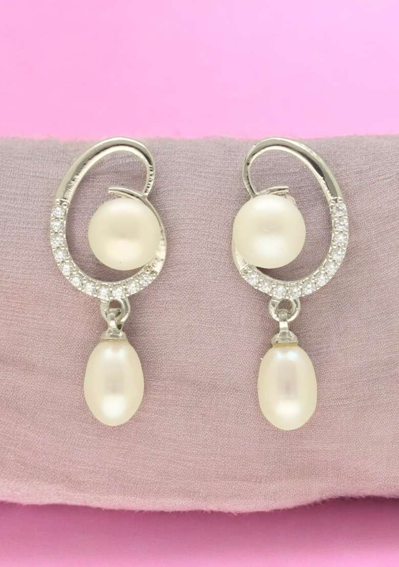 White Gold Plated Alloy Pearl Earrings - Indya