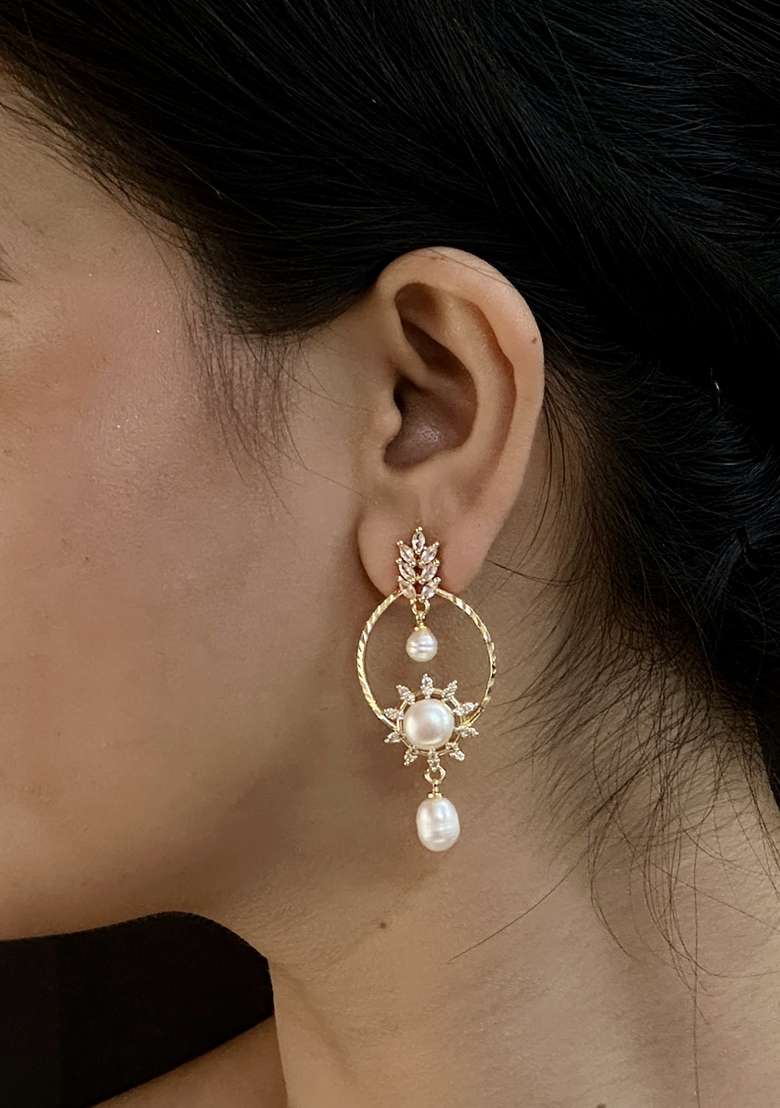 White Gold Plated Alloy Pearl Earrings - Indya