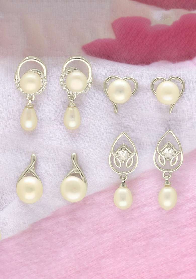 White Gold Plated Alloy Pearl Earrings - Indya