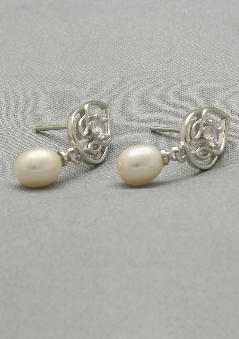 White Gold Plated Alloy Pearl Earrings - Indya