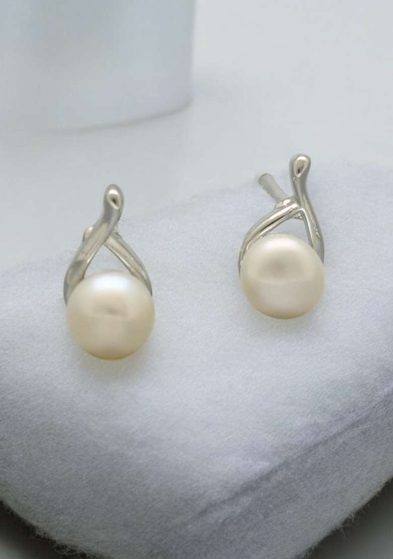 White Gold Plated Alloy Pearl Earrings - Indya