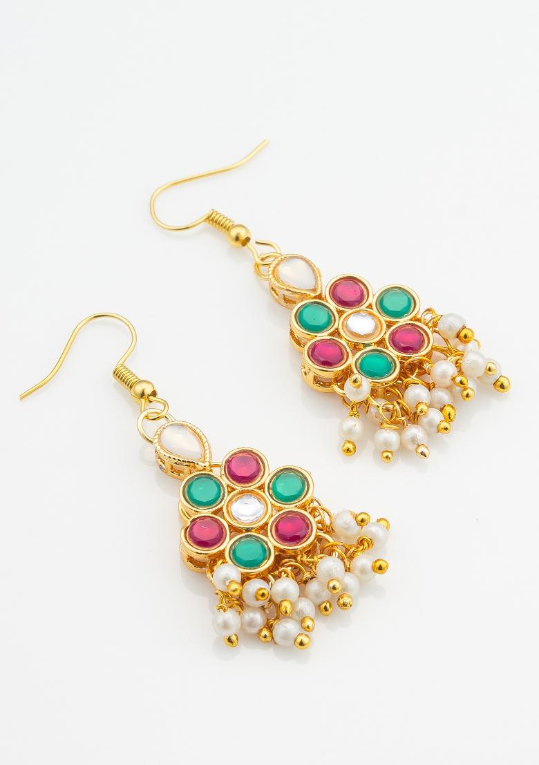 Green Gold Plated Alloy Drop Earrings - Indya