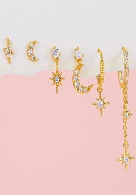 Set Of 6 18K Plated Antitarnish Star Moon Zircon Earring Set For Single Ear Only