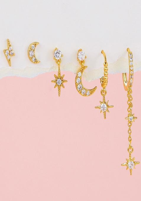 Set Of 6 18K Plated Antitarnish Star Moon Zircon Earring Set For Single Ear Only