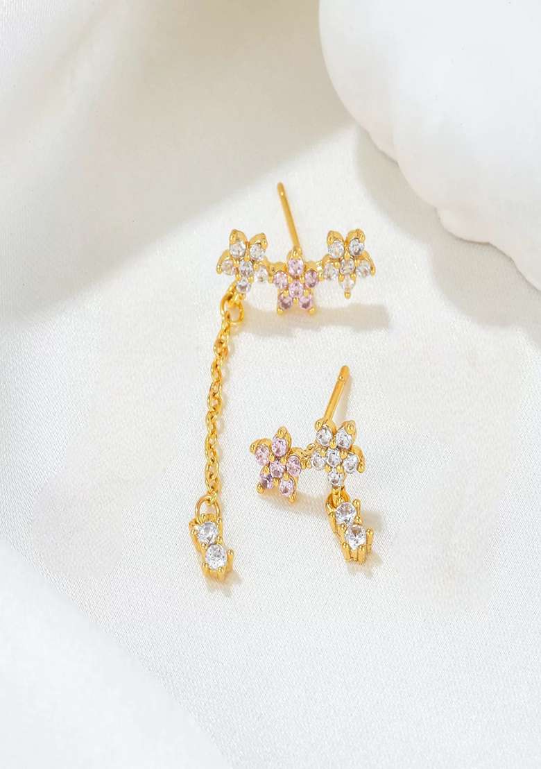 Set of 2 SINGLE LEFT EAR 18K Plated AntiTarnish Pink Zircon Floral Drop Earring - Indya