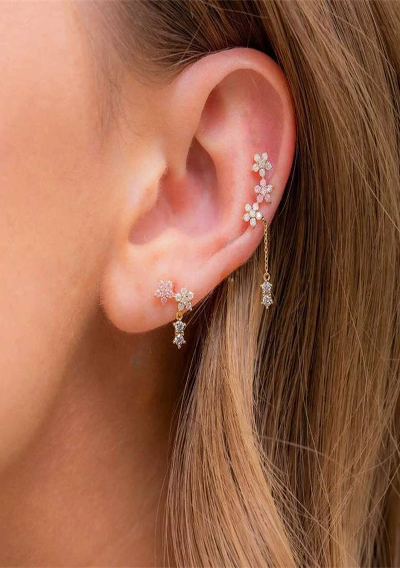 Set of 2 SINGLE LEFT EAR 18K Plated AntiTarnish Pink Zircon Floral Drop Earring - Indya