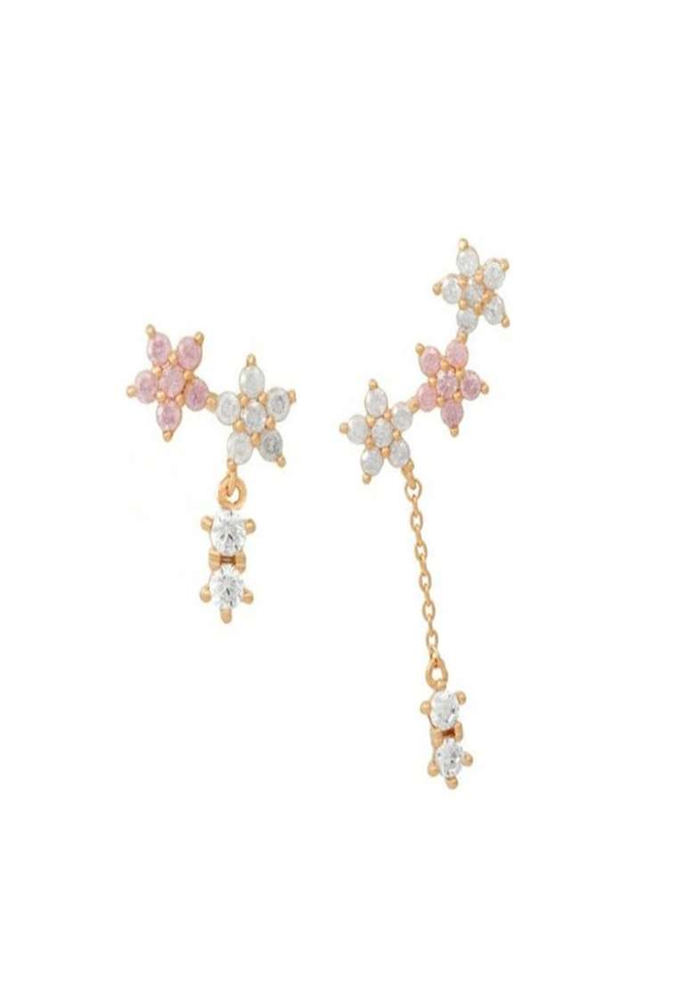 Set of 2 SINGLE LEFT EAR 18K Plated AntiTarnish Pink Zircon Floral Drop Earring - Indya