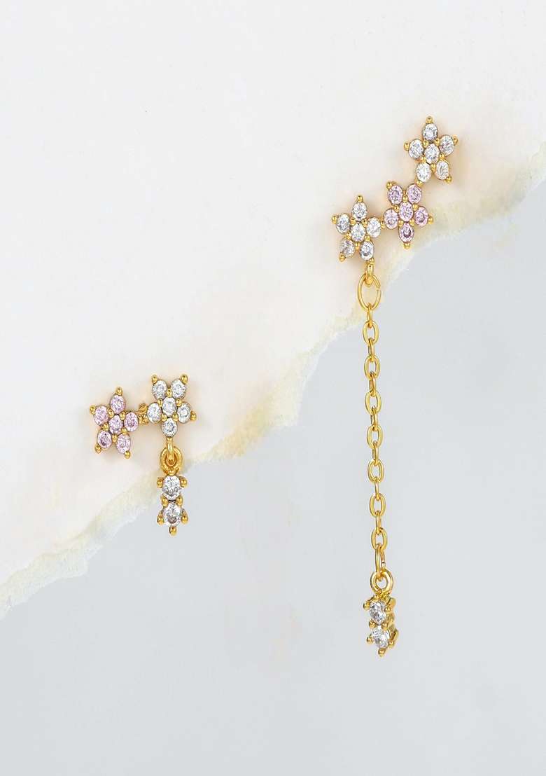 Set of 2 SINGLE LEFT EAR 18K Plated AntiTarnish Pink Zircon Floral Drop Earring - Indya