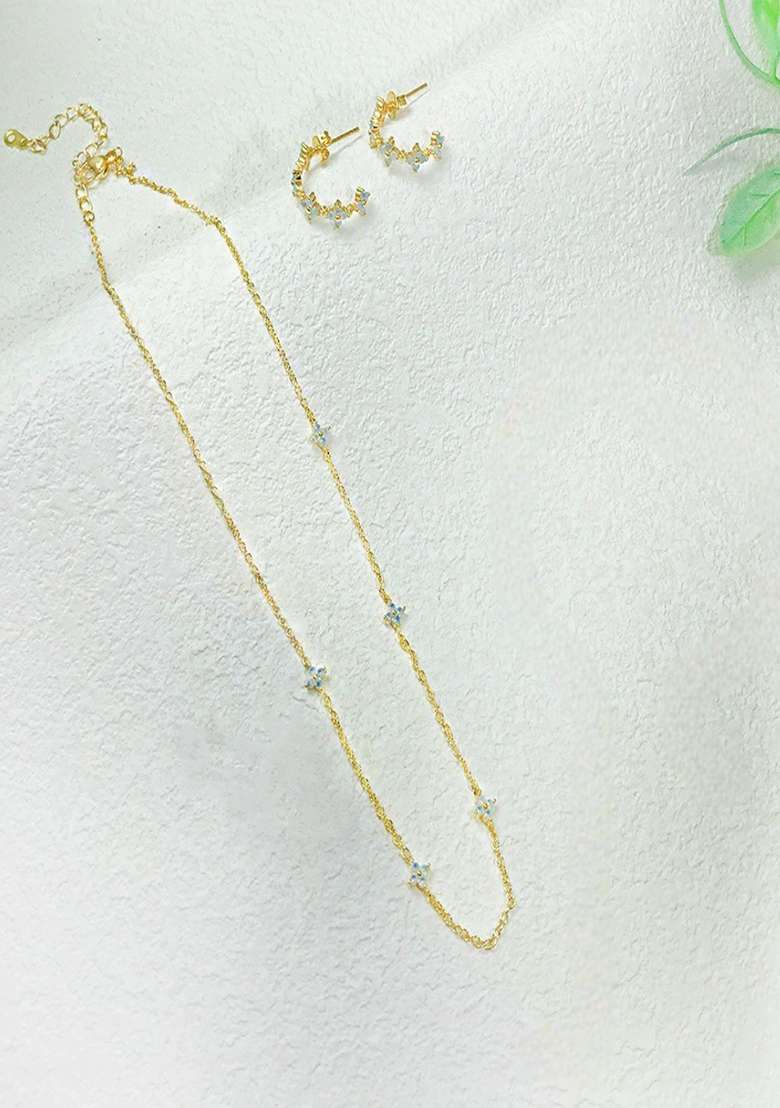 18K Gold Plated Anti Tarnish Blue Zircon Floral Half Hoop Earrings - Indya