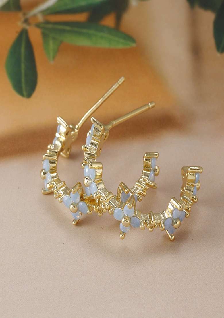 18K Gold Plated Anti Tarnish Blue Zircon Floral Half Hoop Earrings - Indya