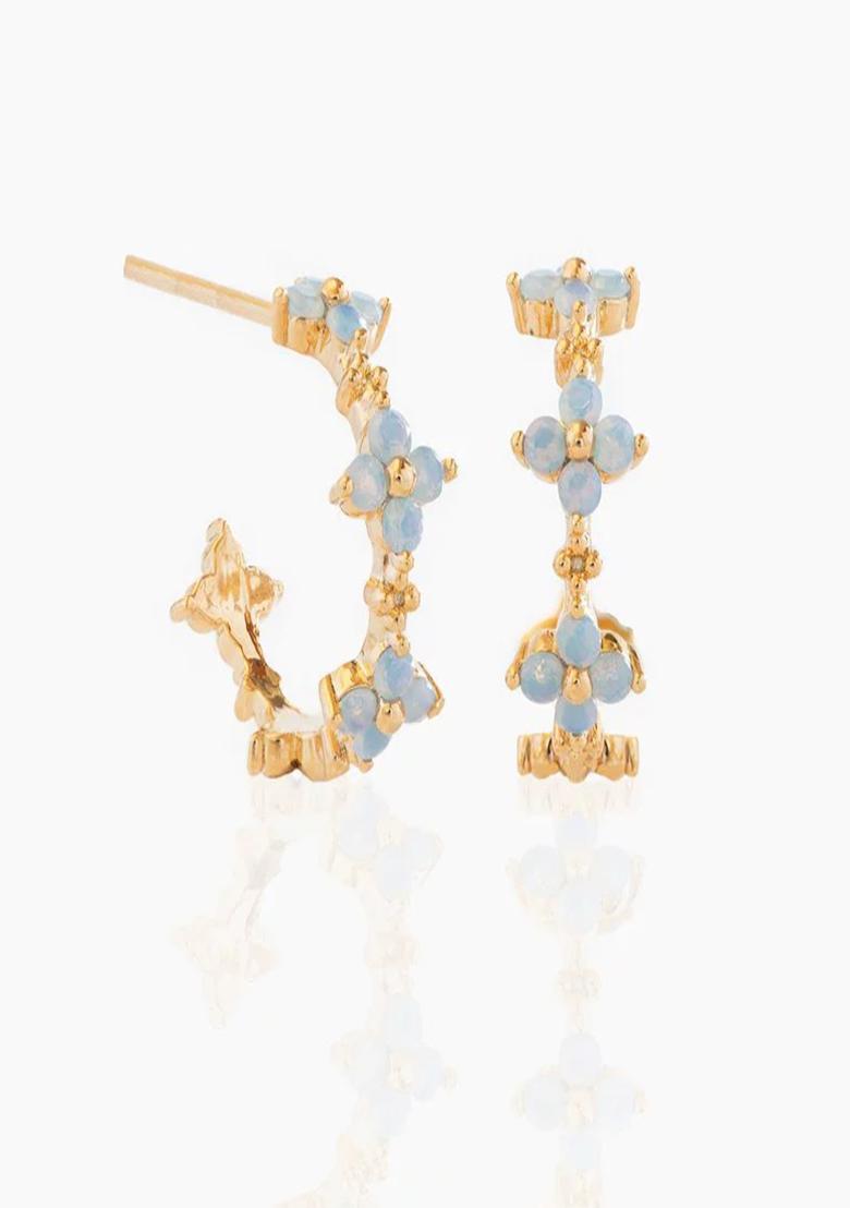 18K Gold Plated Anti Tarnish Blue Zircon Floral Half Hoop Earrings - Indya