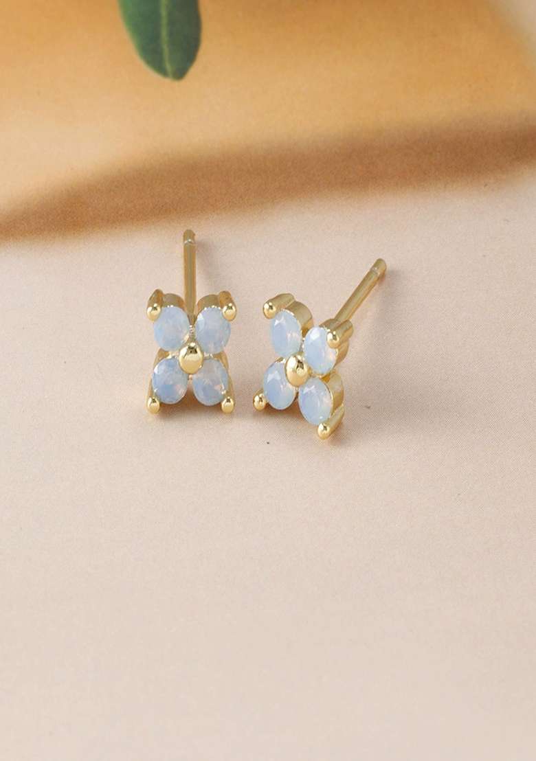 18K Gold Plated Anti Tarnish Blue Zircon Floral Mini Stud Earrings - Indya