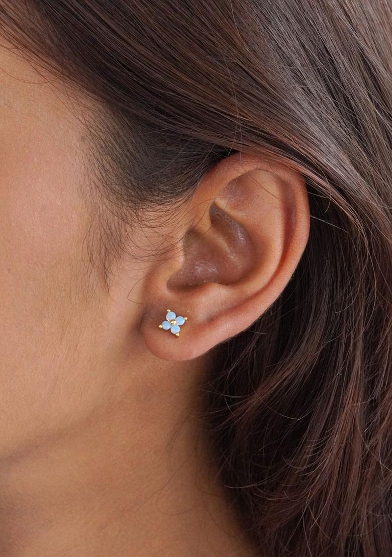 18K Gold Plated Anti Tarnish Blue Zircon Floral Mini Stud Earrings - Indya