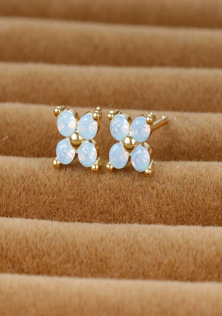 18K Gold Plated Anti Tarnish Blue Zircon Floral Mini Stud Earrings - Indya