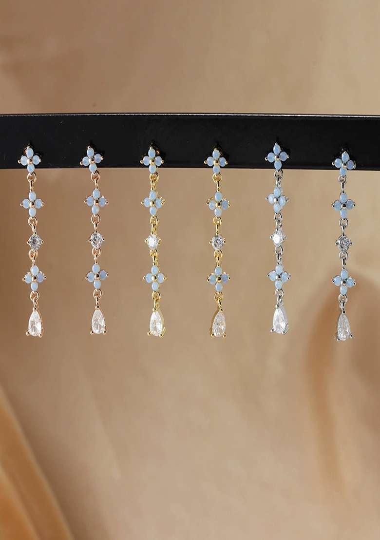 18K Gold Plated Anti Tarnish Blue Zircon Floral Drop Earrings - Indya