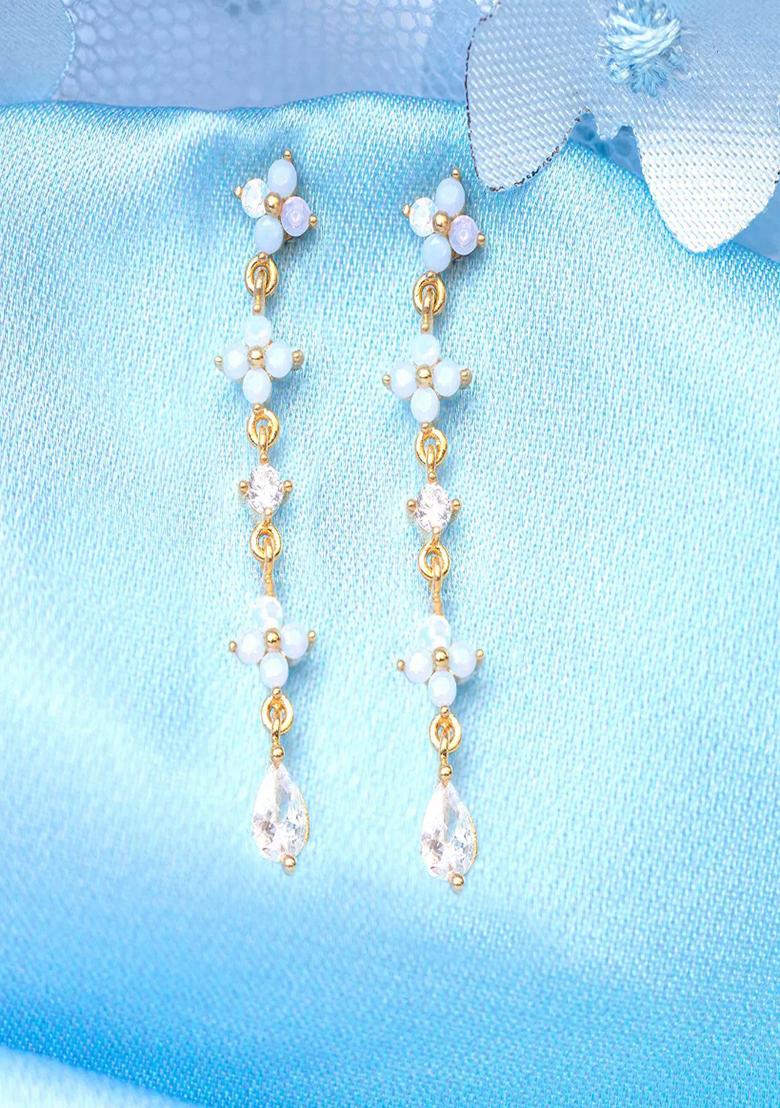 18K Gold Plated Anti Tarnish Blue Zircon Floral Drop Earrings - Indya