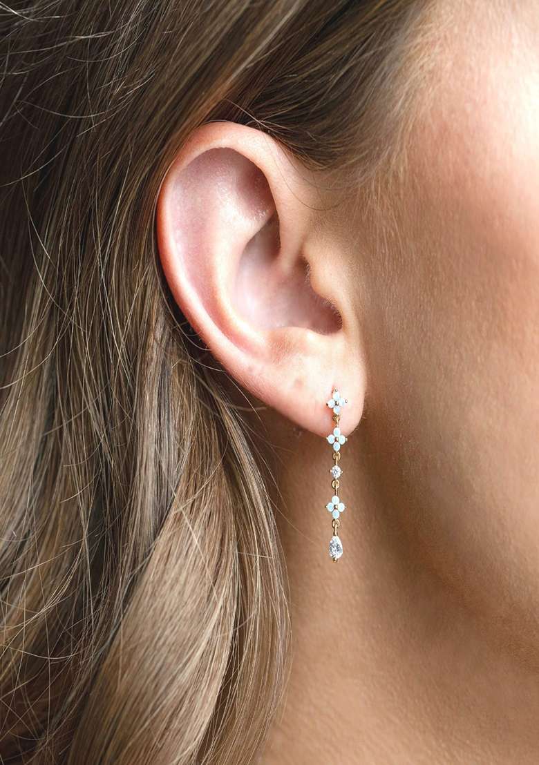18K Gold Plated Anti Tarnish Blue Zircon Floral Drop Earrings - Indya