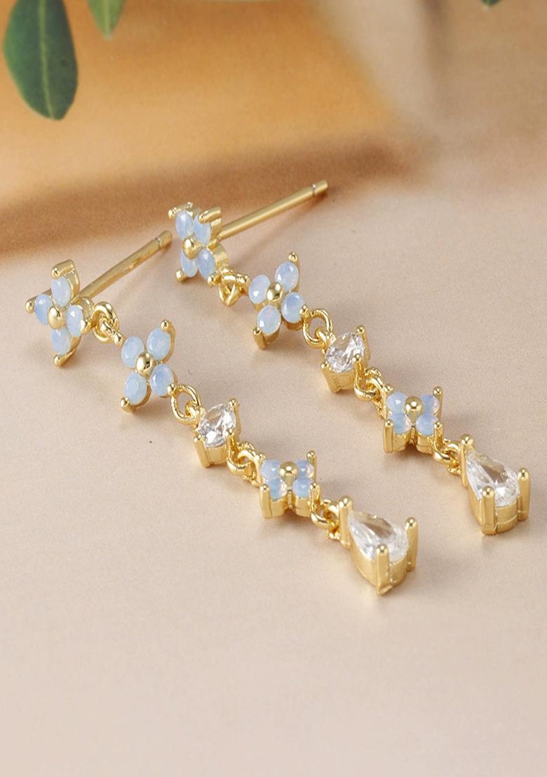 18K Gold Plated Anti Tarnish Blue Zircon Floral Drop Earrings - Indya