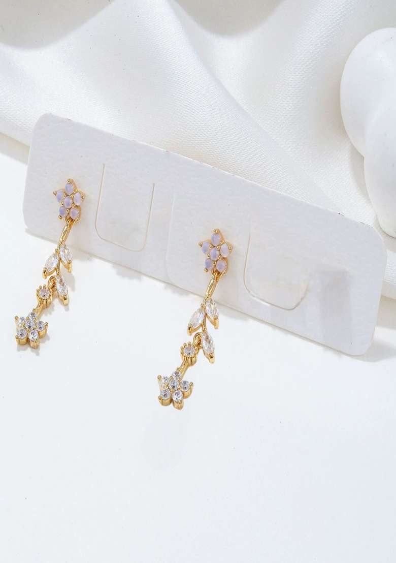 18K Gold Plated Anti Tarnish Pink White Zircon Floral Drop Earrings - Indya