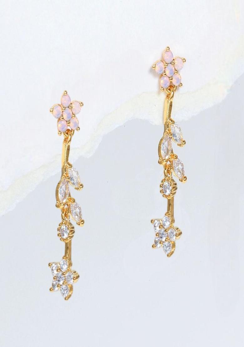 18K Gold Plated Anti Tarnish Pink White Zircon Floral Drop Earrings - Indya