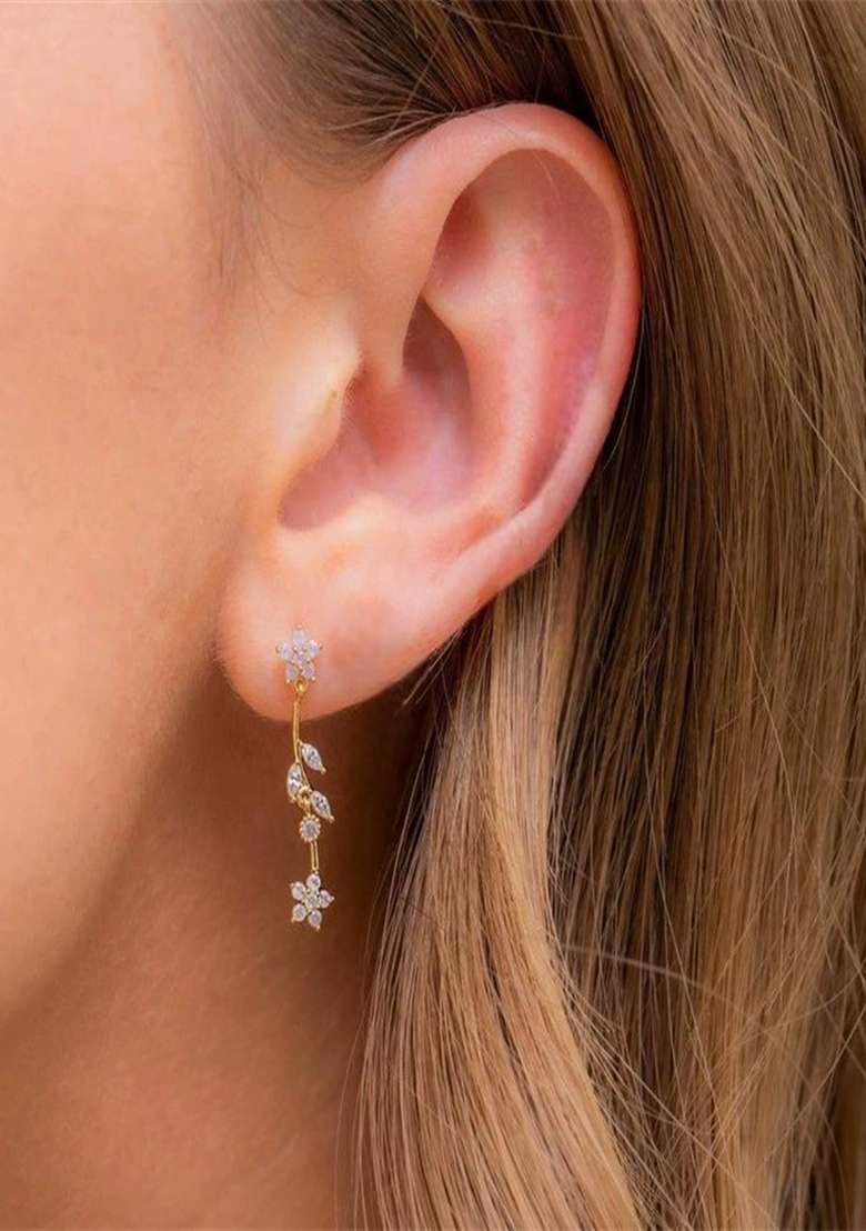 18K Gold Plated Anti Tarnish Pink White Zircon Floral Drop Earrings - Indya