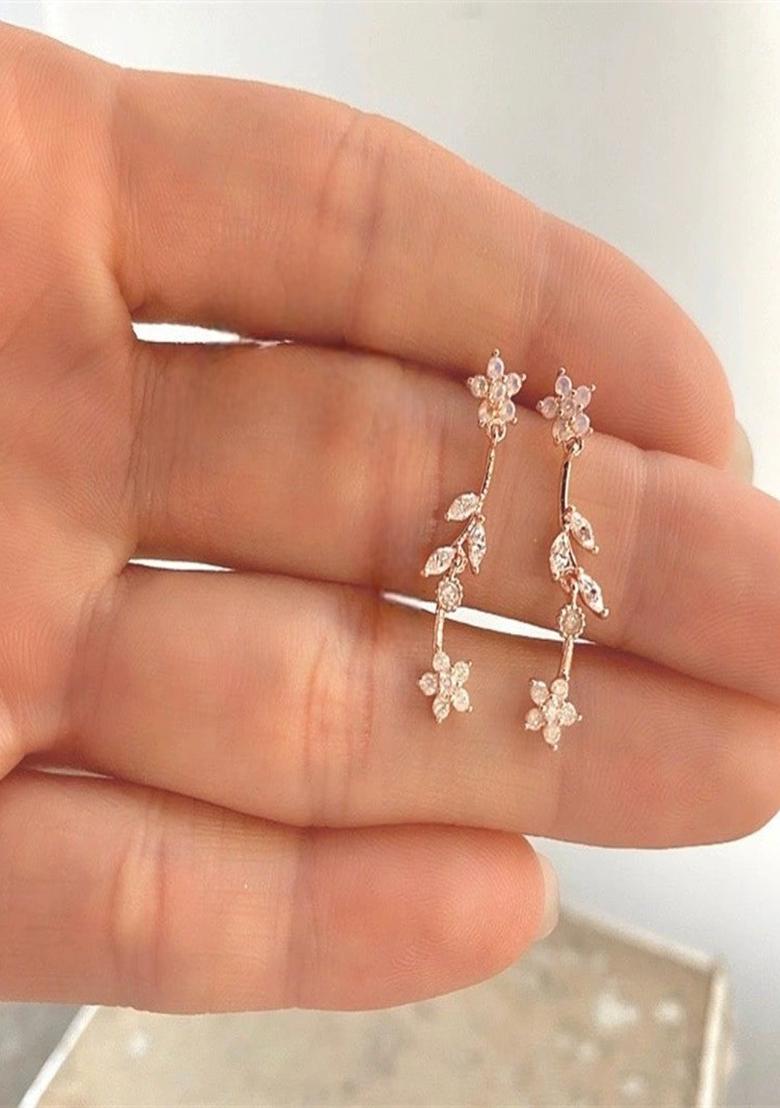 18K Gold Plated Anti Tarnish Pink White Zircon Floral Drop Earrings - Indya