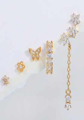 Set Of 5 18K Plated Antitarnish Floral Butterfly Earring Set For Single Ear Only