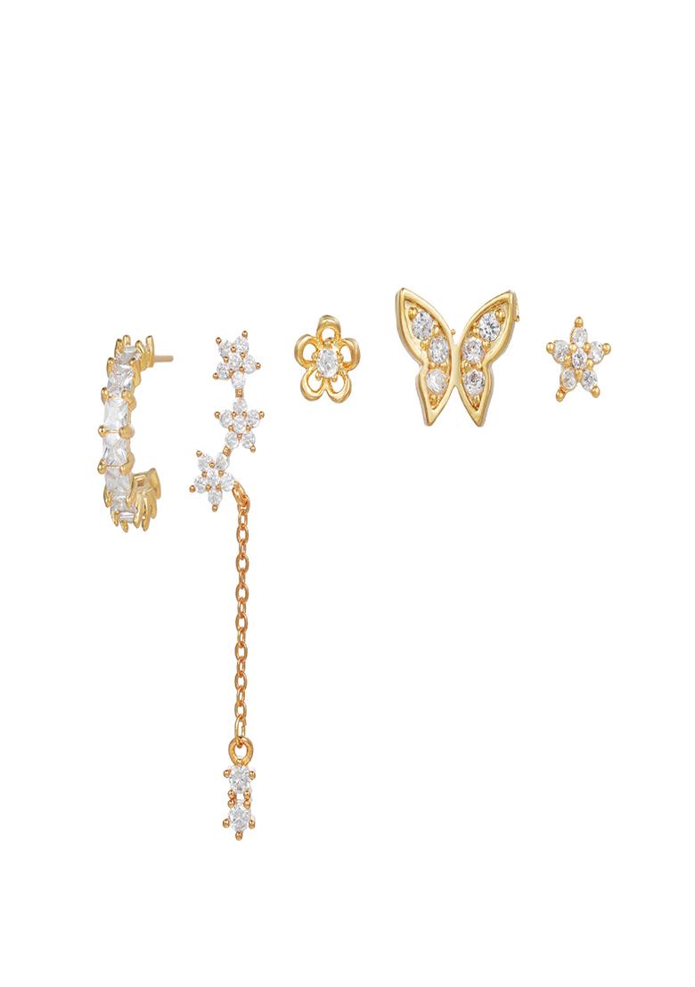 Set Of 5 18K Plated Antitarnish Floral Butterfly Earring Set For Single Ear Only - Indya